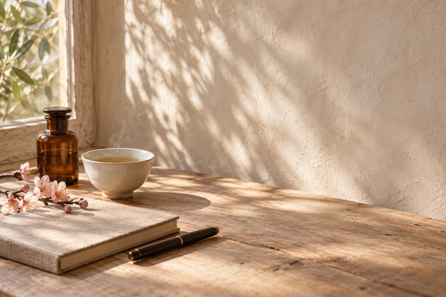 A writing table by a window with a cup of jasmine tea, a linen notebook and a fountain pen.