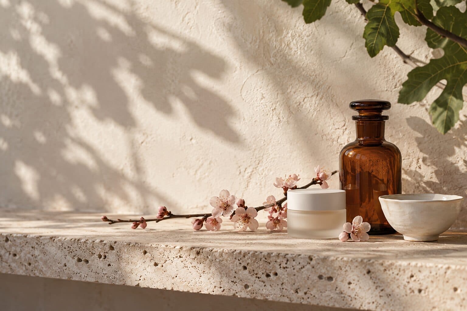 Amber glass, a frosted cream jar and a porcelain tea bowl on a travertine shelf, with a branch of plum blossom.