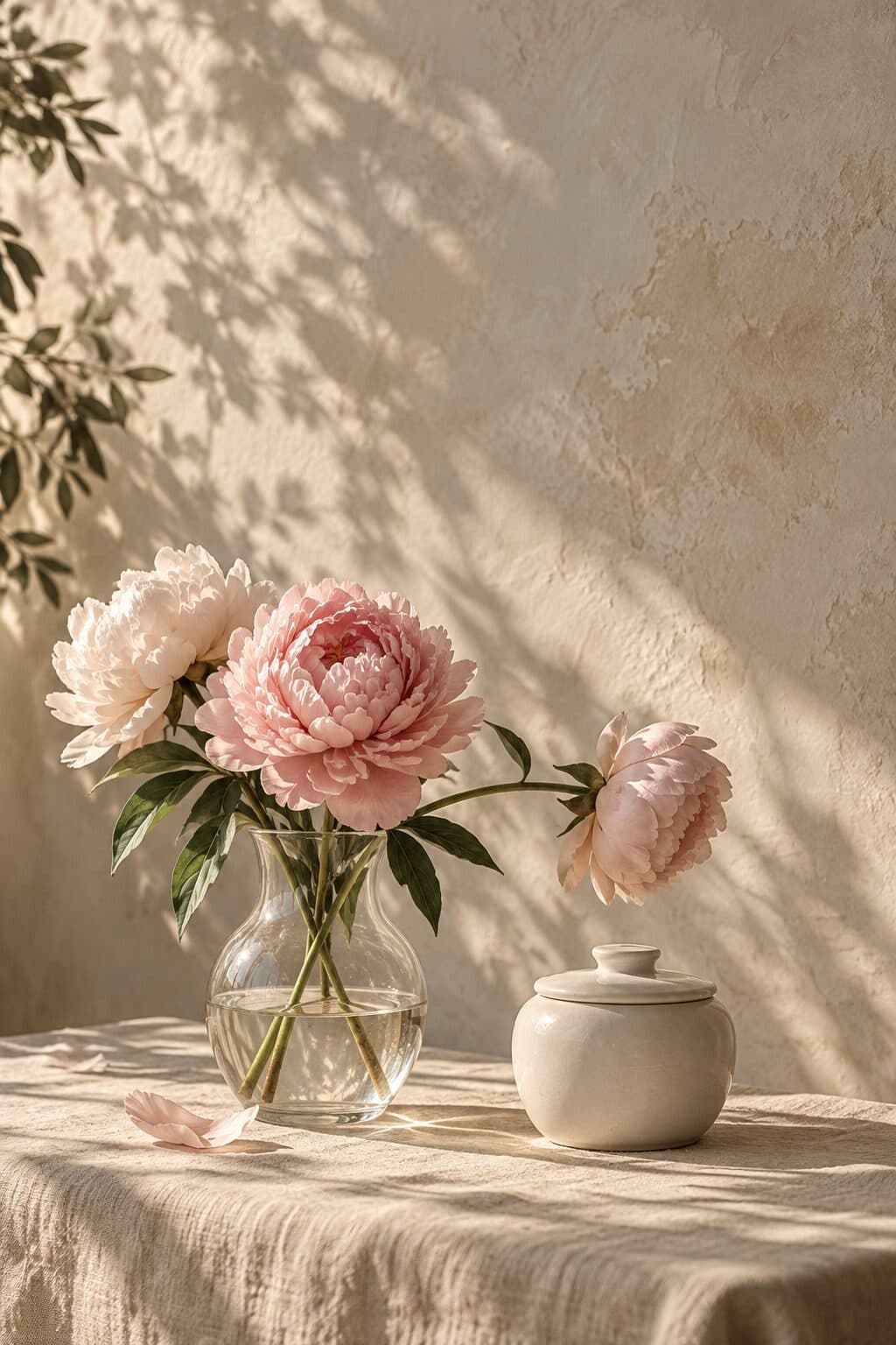 Blush peonies in a clear glass vase beside a white porcelain lidded jar.