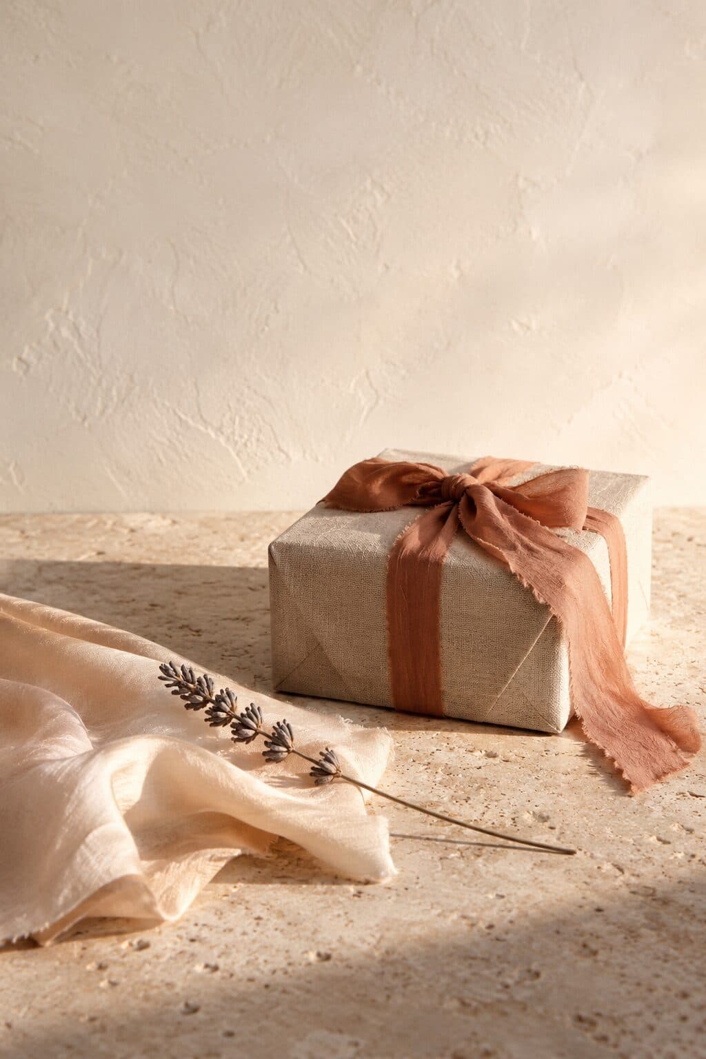 A parcel wrapped in linen paper and tied with terracotta silk, beside folded raw silk.